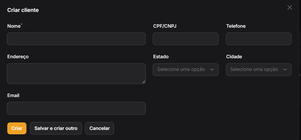 Modal Criar Novo Cliente