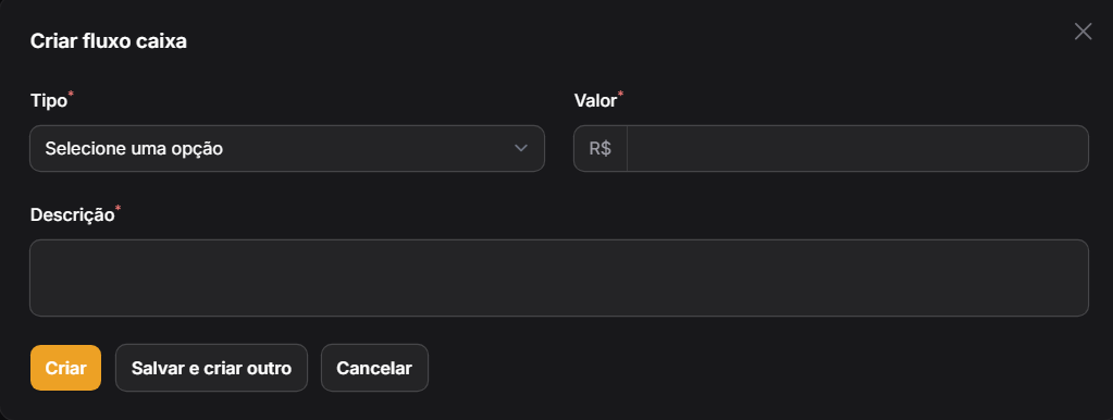 Formulário Criar Fluxo de Caixa