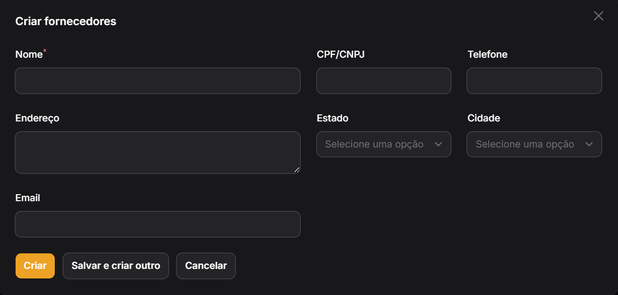 Modal Criar Novo Fornecedor