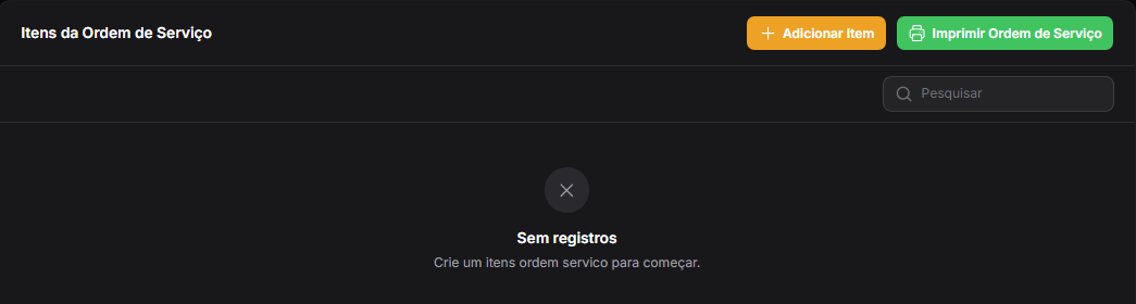 Tela de Itens da Ordem de Serviço Vazia