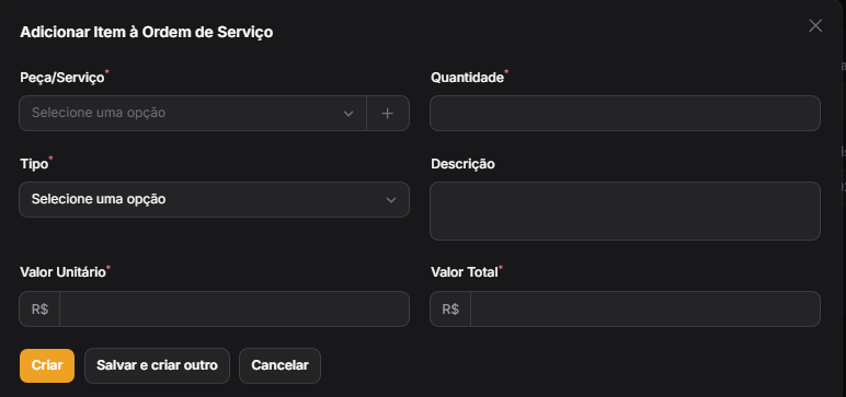 Formulário Adicionar Item à Ordem de Serviço
