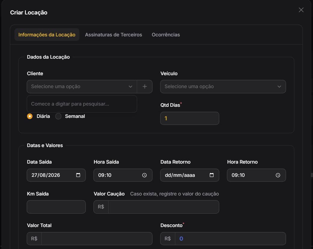 Formulário Criar Locação - Informações Parte 1