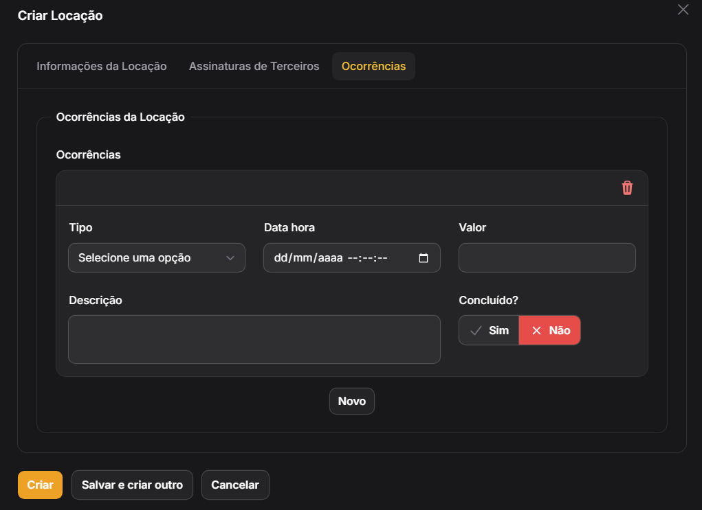 Formulário Criar Locação - Ocorrências