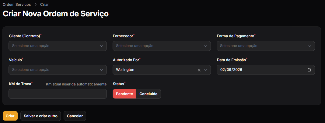Formulário Criar Nova Ordem de Serviço