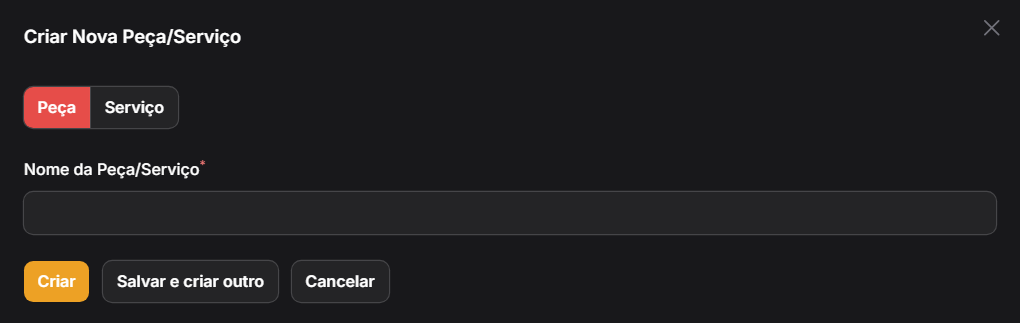 Modal Criar Nova Peça/Serviço