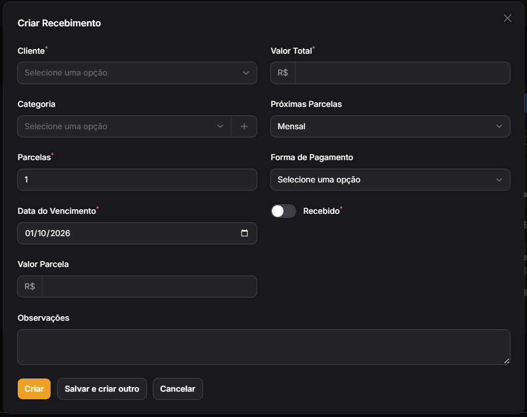 Formulário Criar Recebimento