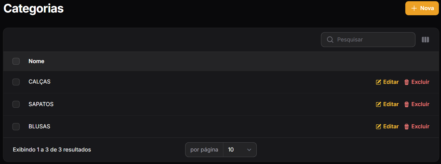 Listagem de Categorias WSYS LOCAR