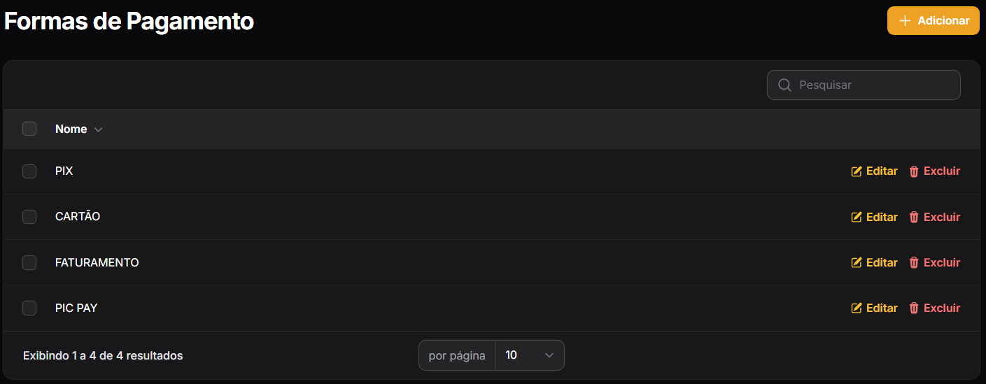 Listagem de Formas de Pagamento WSYS LOCAR