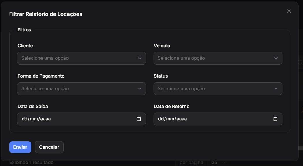 Modal Filtrar Relatório de Locações