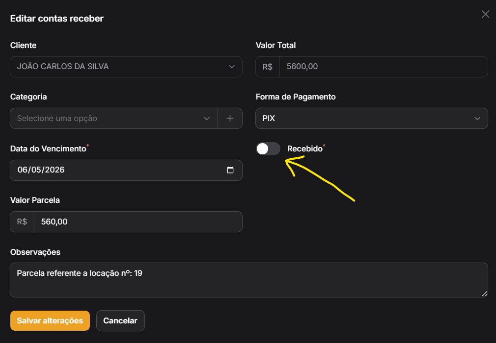 Editar e Quitar Conta a Receber