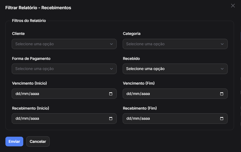 Filtrar Relatório de Recebimentos