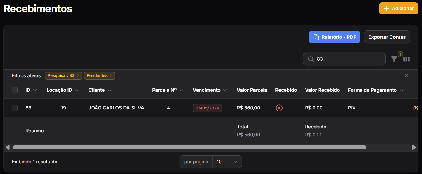 Listagem de Recebimentos
