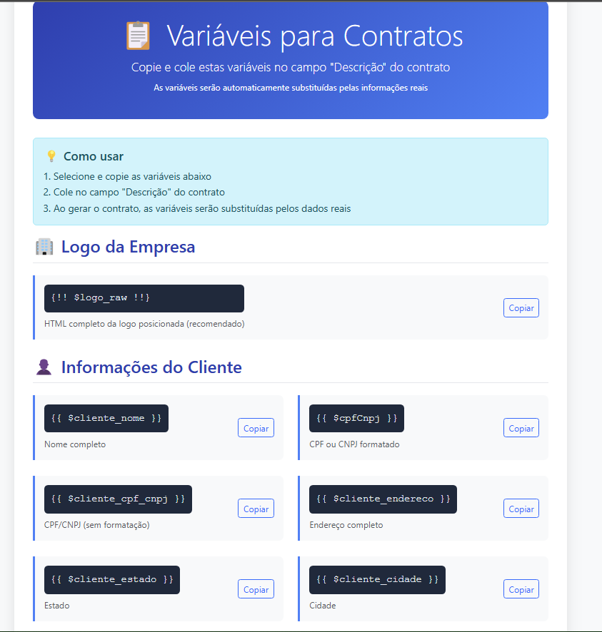 Lista de Variáveis Disponíveis
